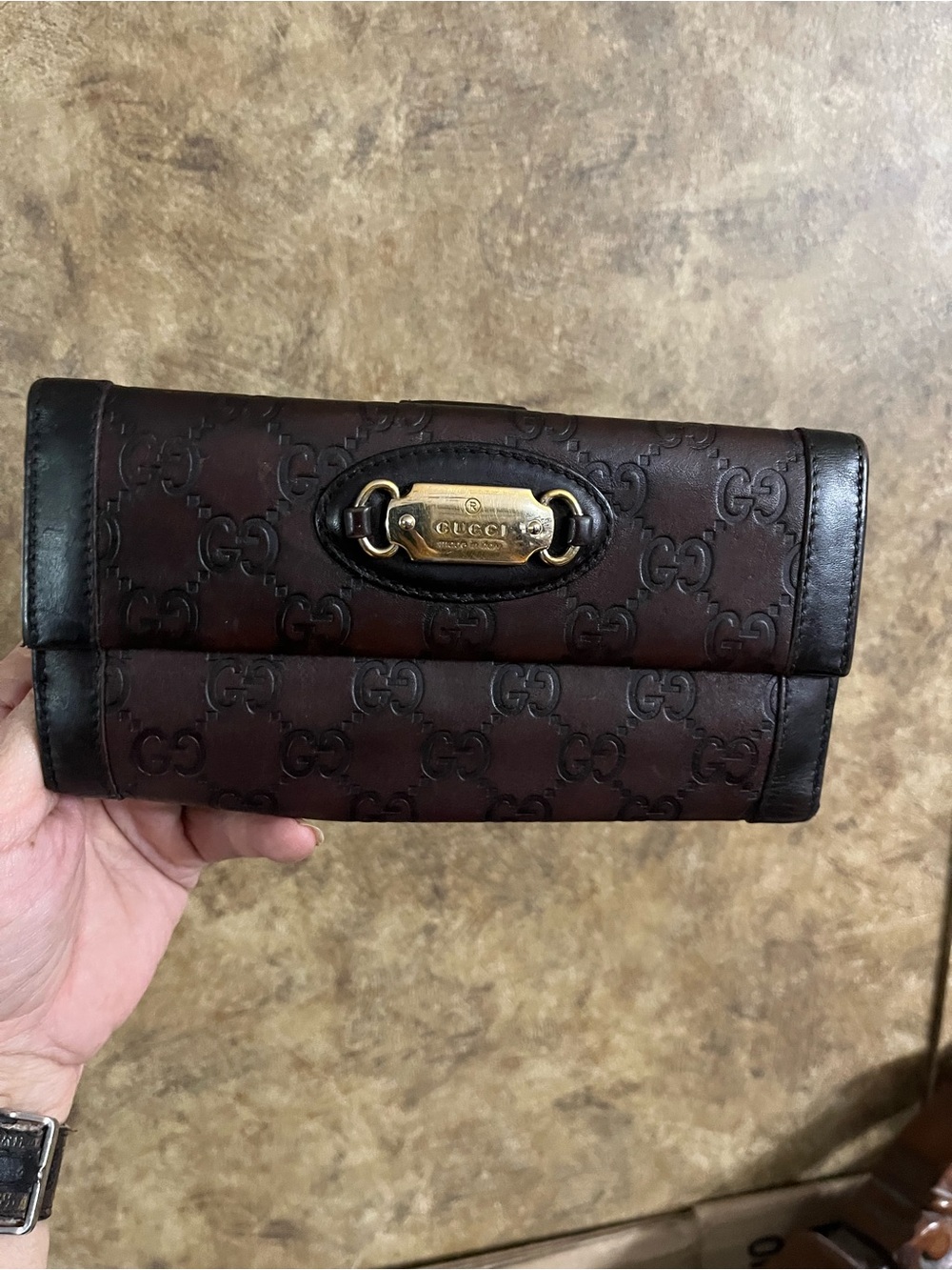 Gucci Dark Brown Embossed GG Continental Wallet with Gold Plate